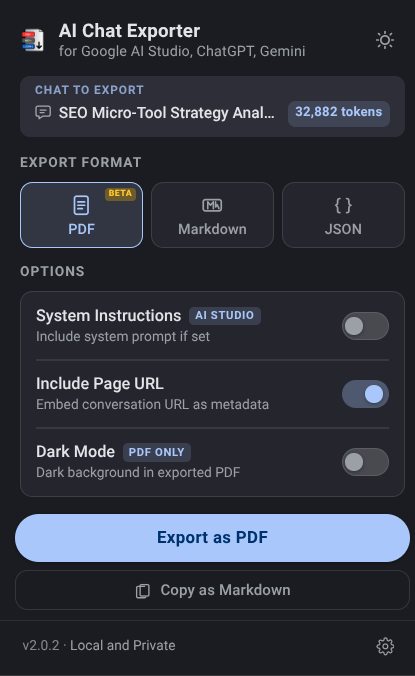AI Chat Exporter extension popup showing PDF, Markdown, and JSON export options with dark mode toggle and progress bar